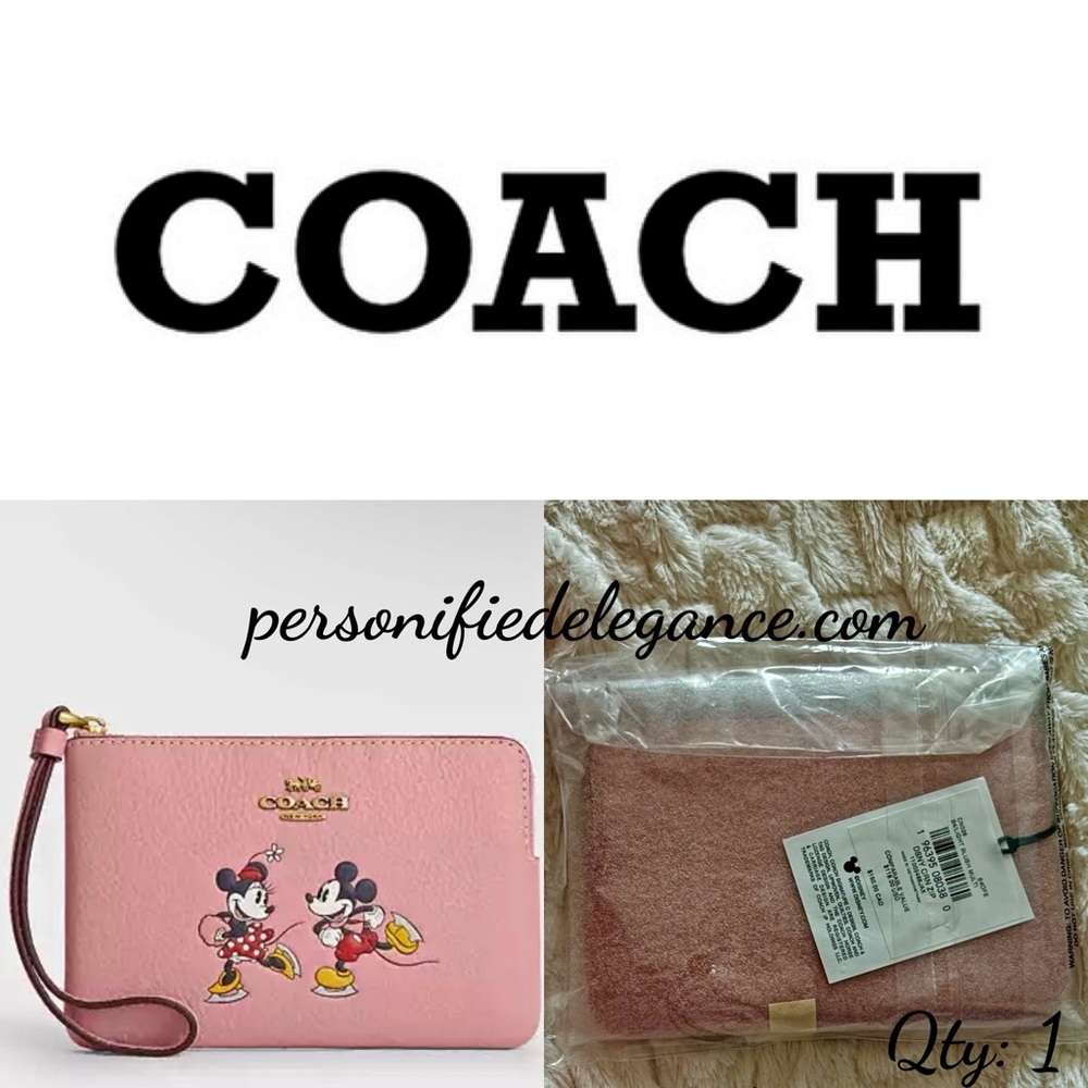 NEW Coach X Disney Ice Skate Motif Blush Multi Leather Corner Zip Wristlet